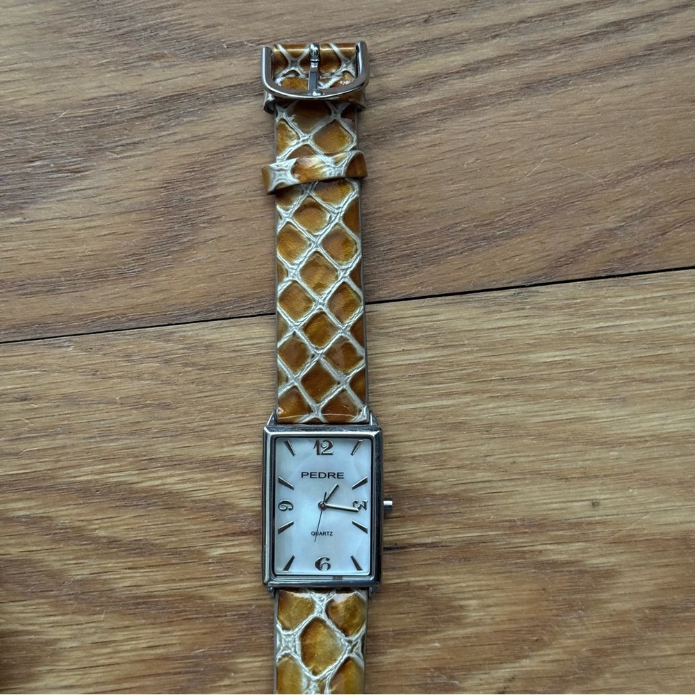 Pedre Rectangular Leather Strap Watch Silver Quar… - image 4